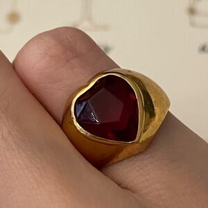 Super Chunky Red Heart Ruby 18k Yellow Gold Vermeil Statement Bold Pinky Ring